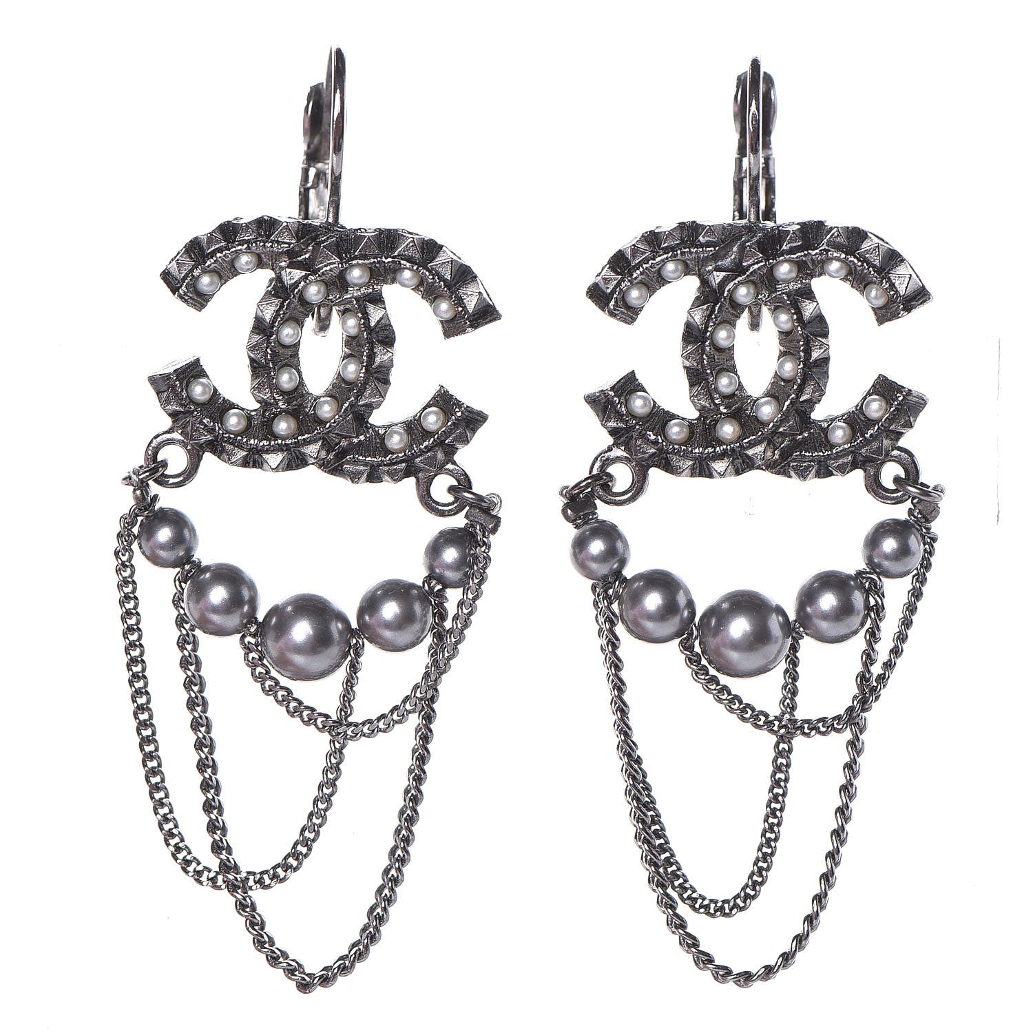 Chanel Ruthenium Spike Beaded CC Drop Earrings Black 1 of 4