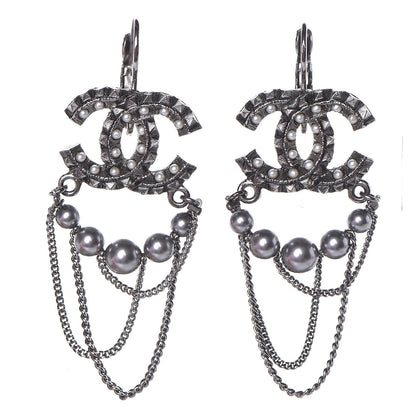 Chanel Ruthenium Spike Beaded CC Drop Earrings Black 1 of 4