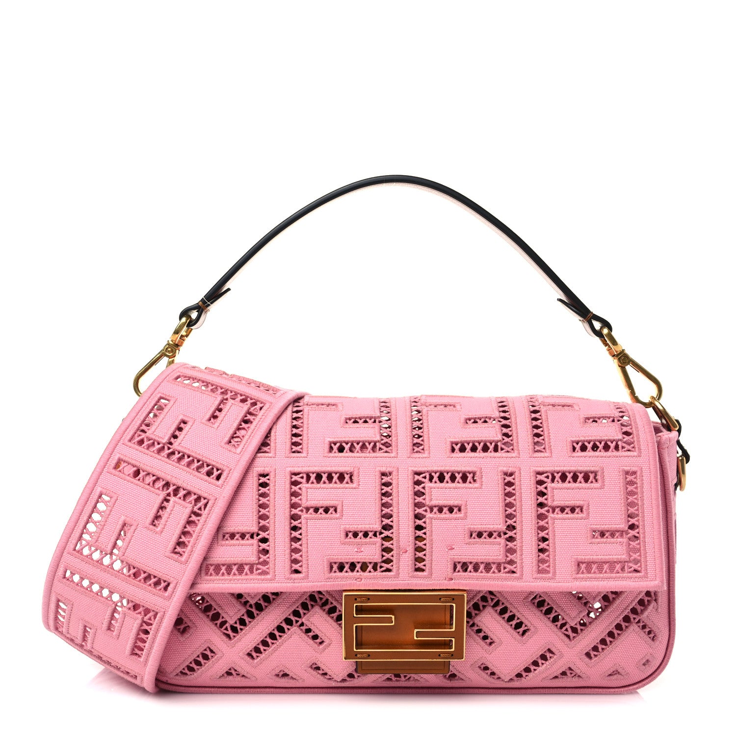 Fendi Canvas Cuoio Agata FF Ajour Embroidered Baguette Ciclamino Cuoio 1 of 5