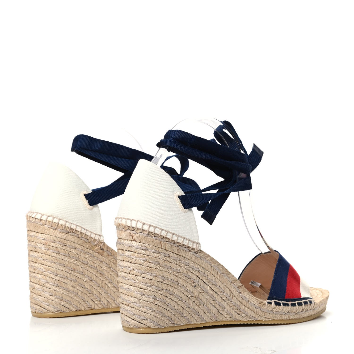 Gucci Canvas Sylvie Web Ankle Wrap Espadrille Wedge Sandals 40 Mystic White Hibiscus Red Maritime 4 of 8