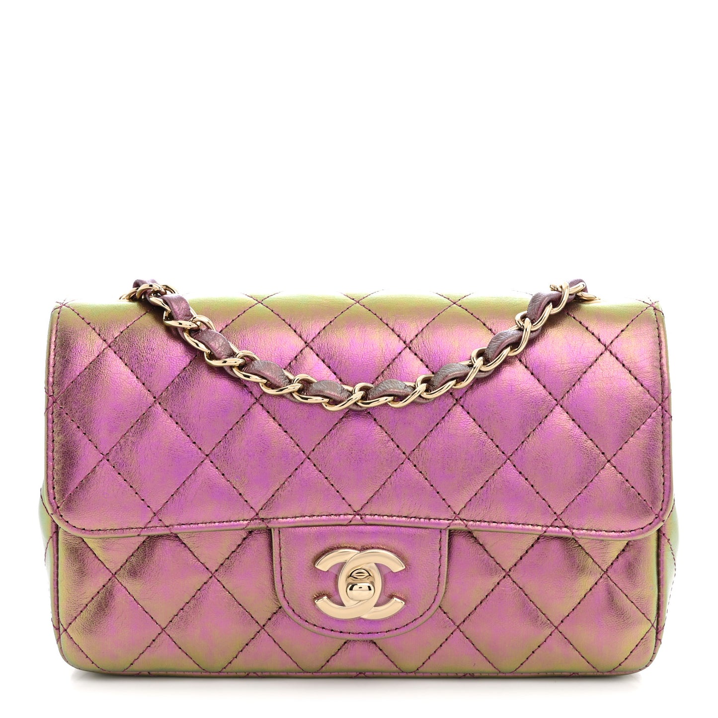 Iridescent Lambskin Quilted Mini Rectangular Flap Purple