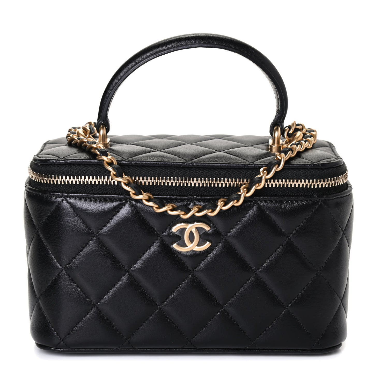 Lambskin Quilted Small Top Handle Vanity Case With Chain Black