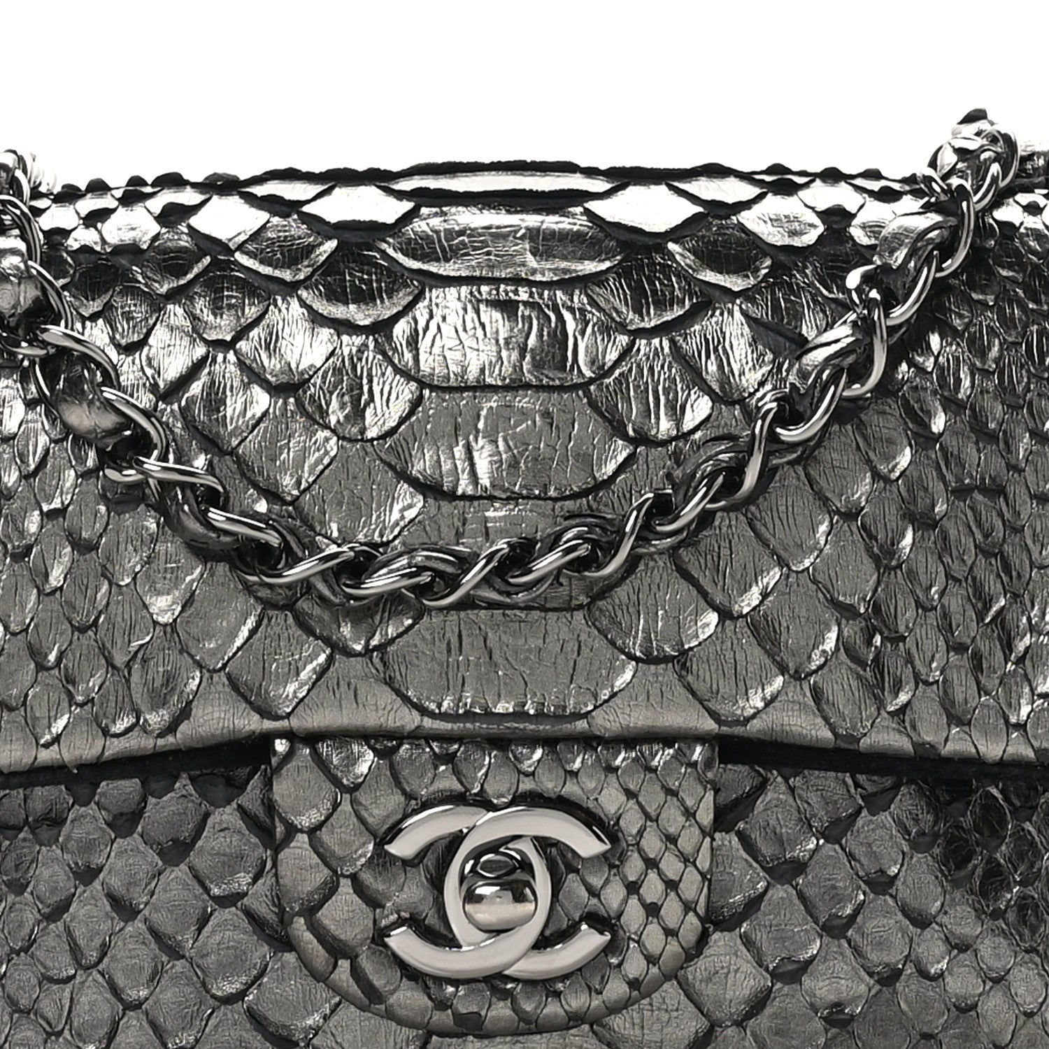 Chanel Metallic Snakeskin Mini Rectangular Flap Dark Silver