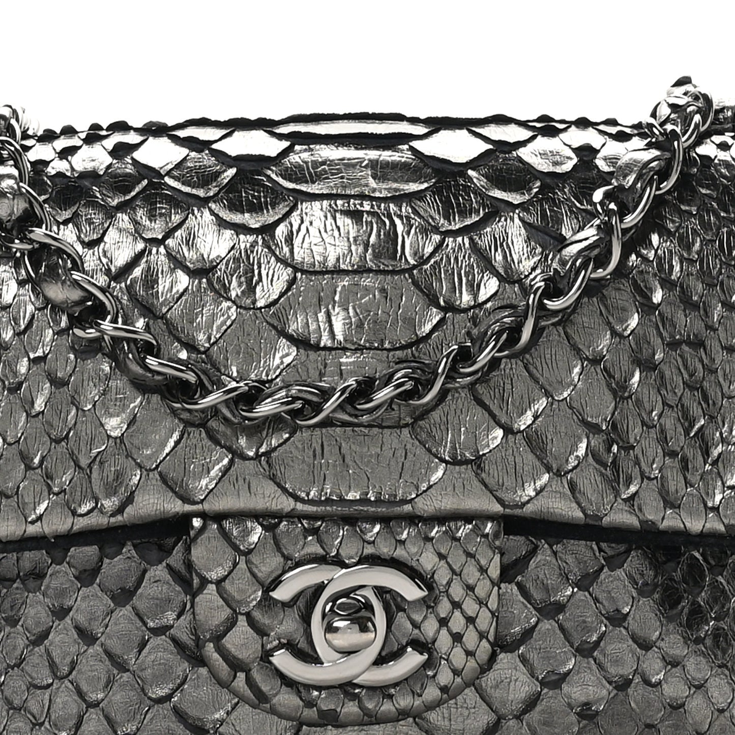 Metallic Snakeskin Mini Rectangular Flap Dark Silver