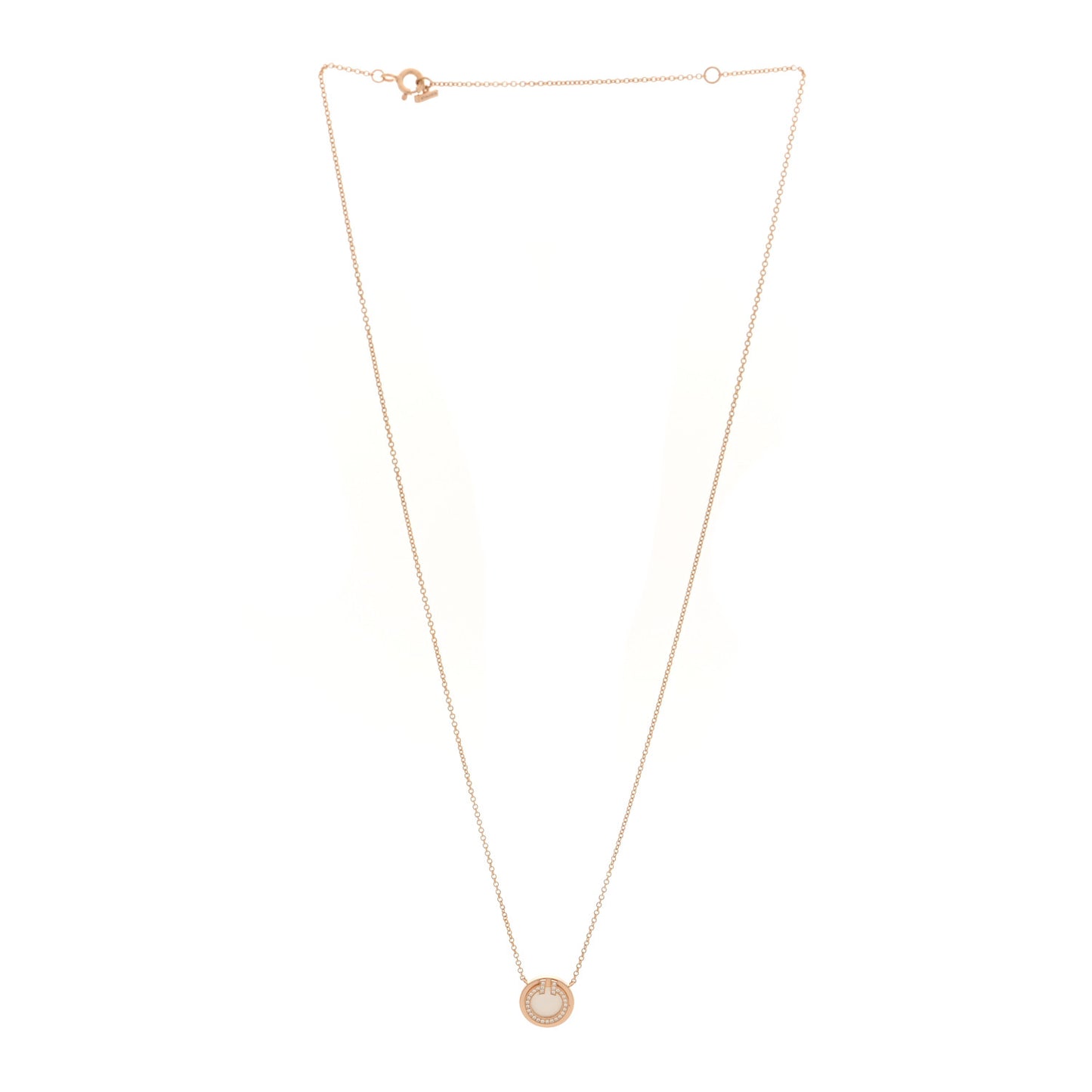 18K Rose Gold Diamond Mother of Pearl Small T Circle Pendant Necklace