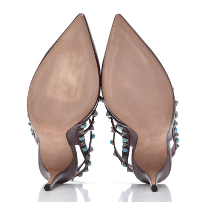 Valentino Garavani Pebbled Calfskin Turquoise Rockstud Rolling Ankle Strap 100mm Pumps 38 Rubin 5 of 20