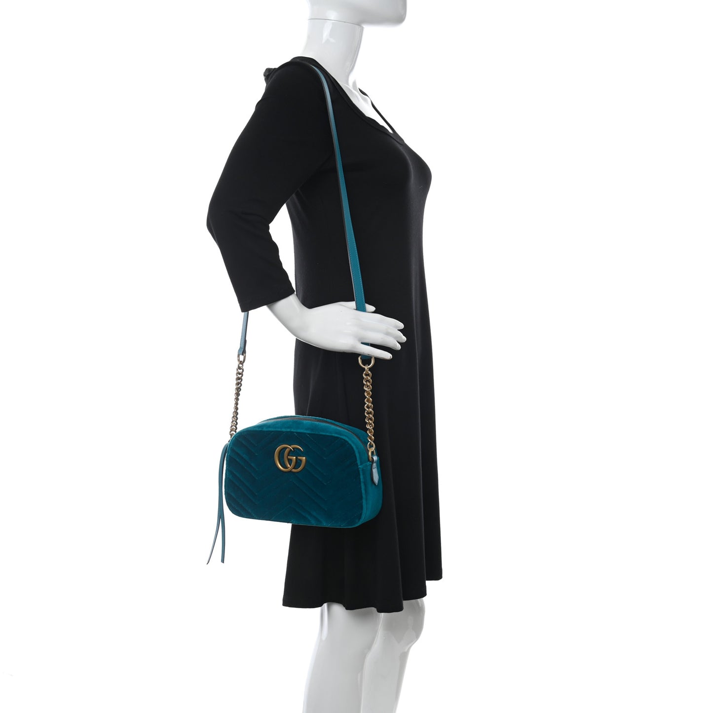Velvet Matelasse Small GG Marmont Chain Shoulder Bag Pavone Cyan