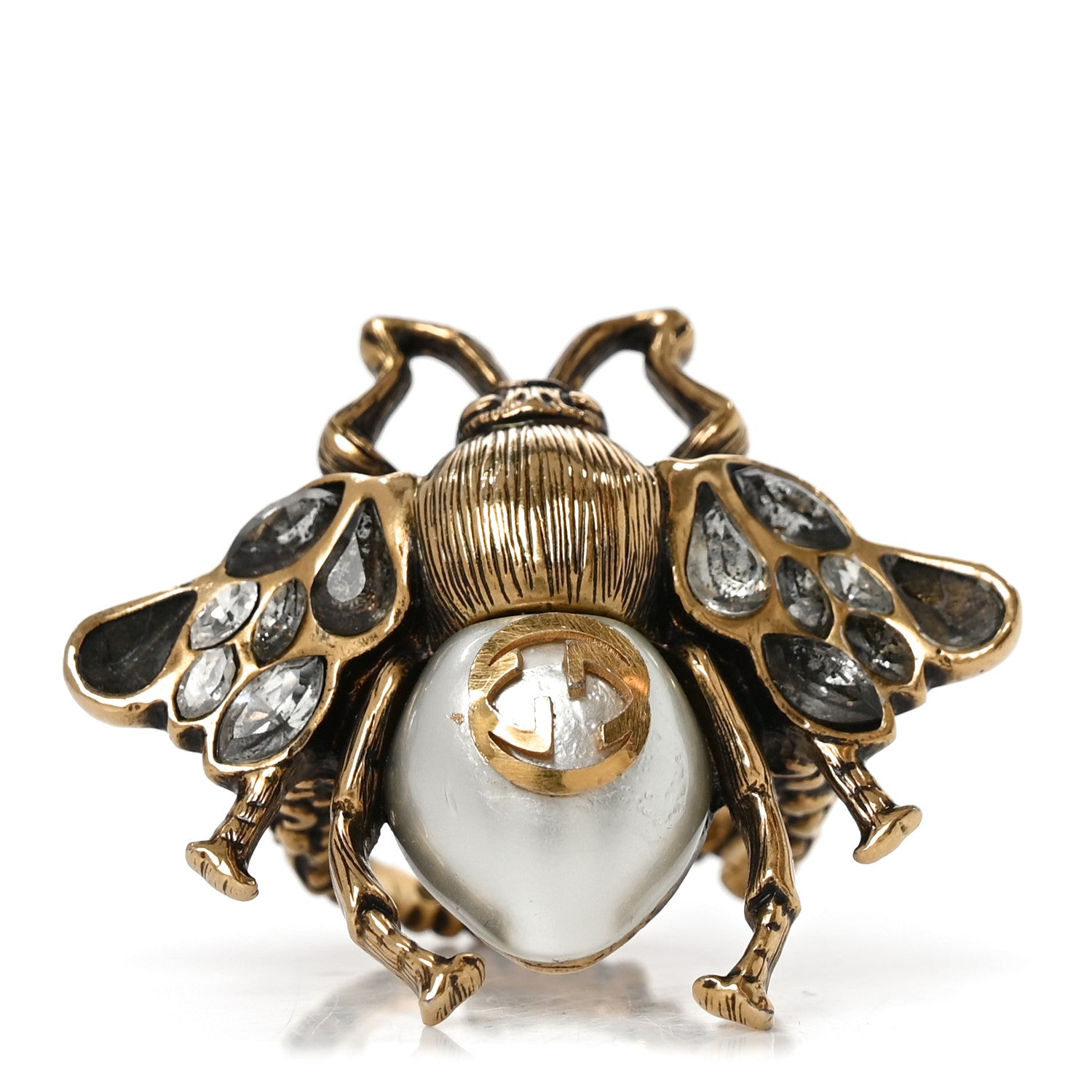 Gucci Metal Crystal Pearl Bee Multifinger Ring 56/7.5 M Aged Gold 1 of 5