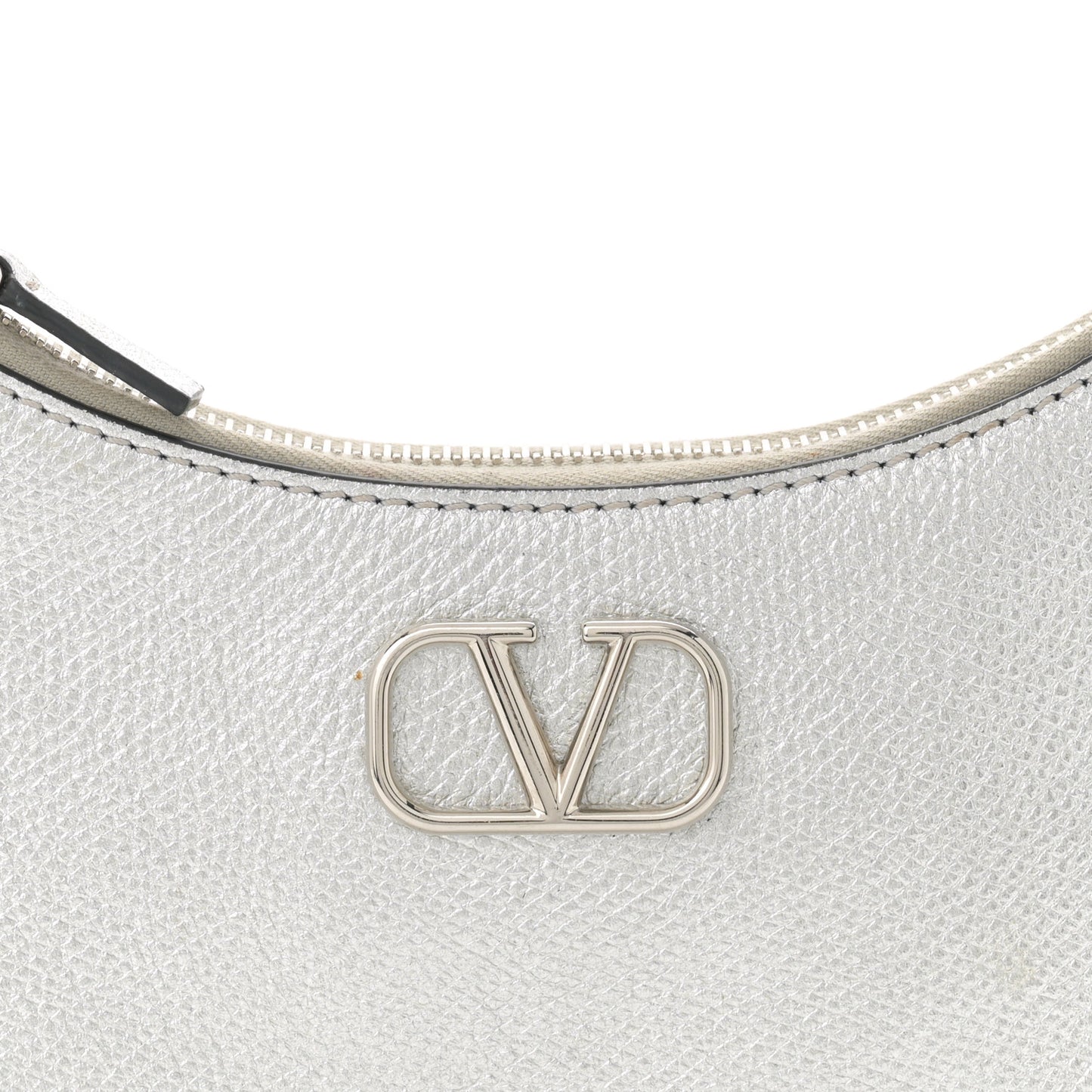 Metallic Grainy Calfskin Mini Vlogo Hobo Bag Silver
