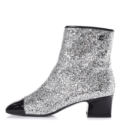 Chanel Glitter Patent Cap Toe Short Boots 38 Silver 1 of 12