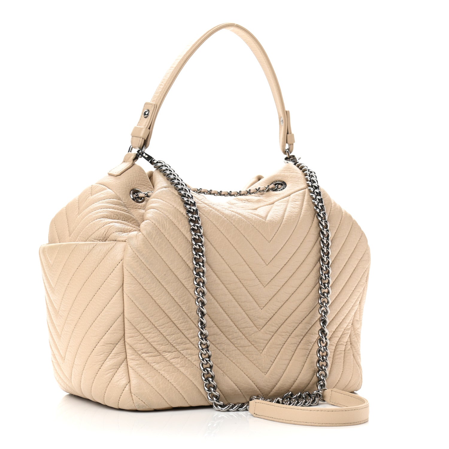 Chanel Deerskin Chevron Large CC Chain Bucket Drawstring Bag Beige 2 of 11