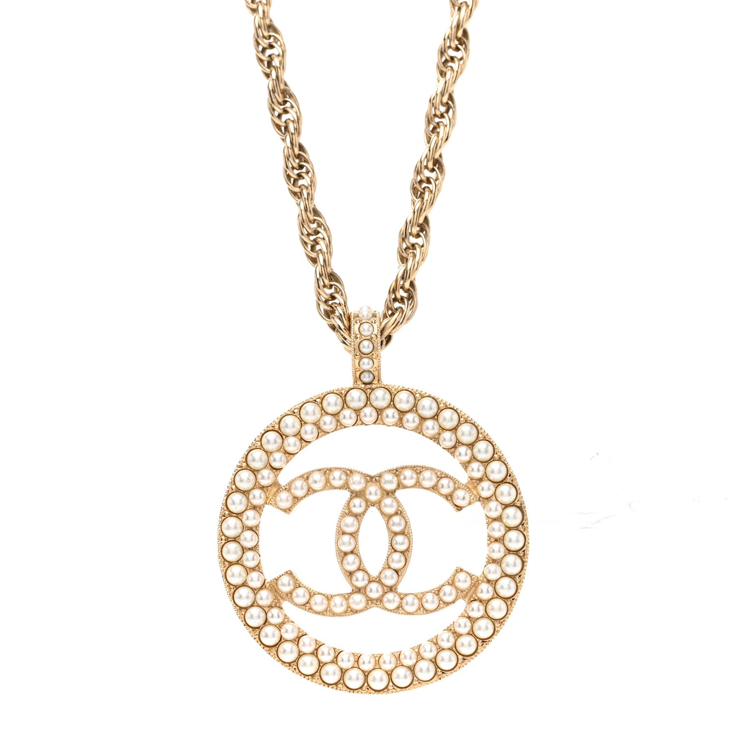 Pearl CC Round Pendant Necklace Gold