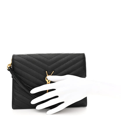 Saint Laurent Grain De Poudre Matelasse Chevron Monogram Envelope Clutch Black 2 of 8