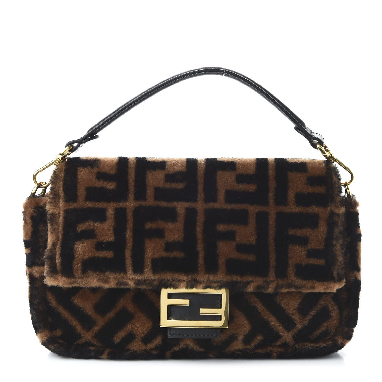Fendi Shearling Vitello Dolce Macro FF 1974 Baguette Tobacco Black 1 of 9