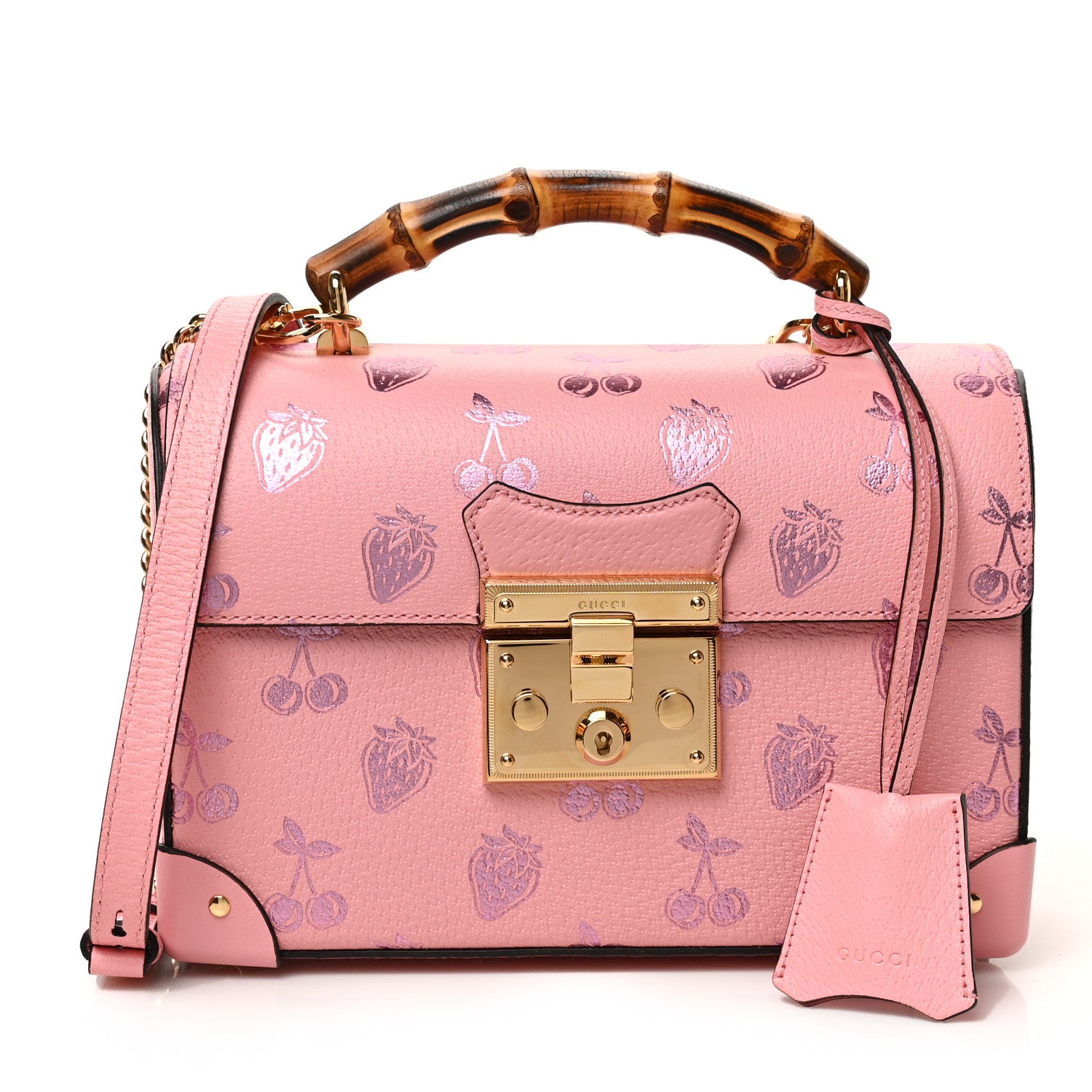 Gucci Textured Dollar Calfskin Berry Print Small Padlock Bamboo Shoulder Bag Pink Purple 1 of 9