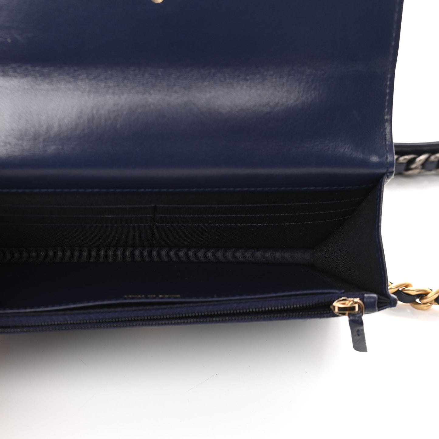 Shiny Goatskin Quilted Chanel 19 Wallet On Chain WOC Dark Blue