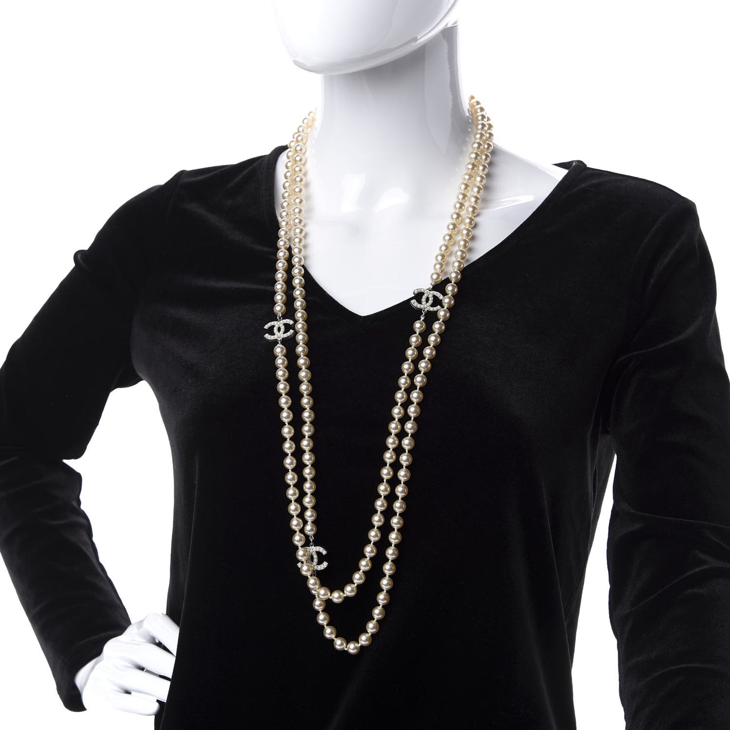 Crystal Pearl CC Long Necklace White