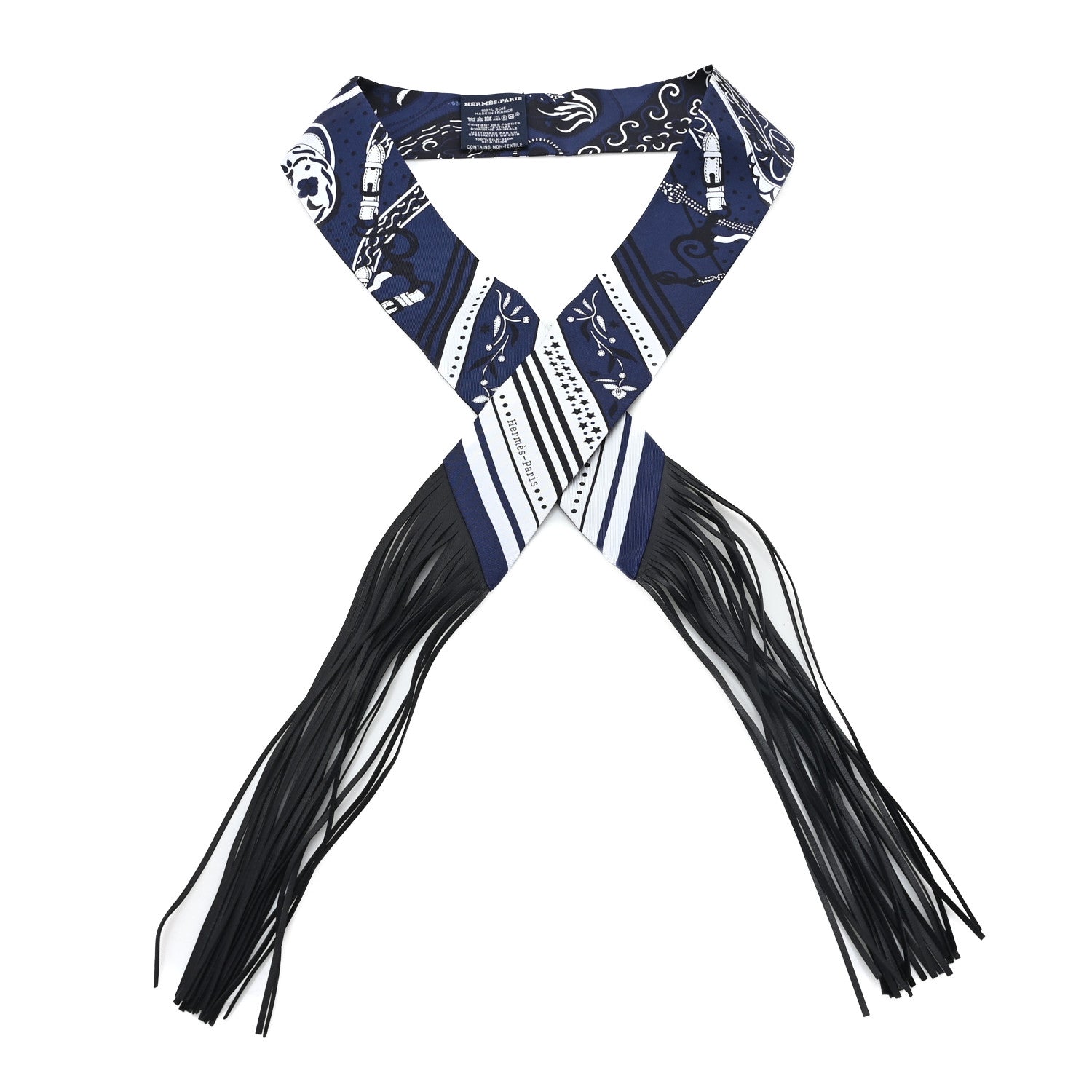 Hermes Silk Festival Des Amazones Bandana Fringed Twilly Bleu Black Bleu Black 1 of 4
