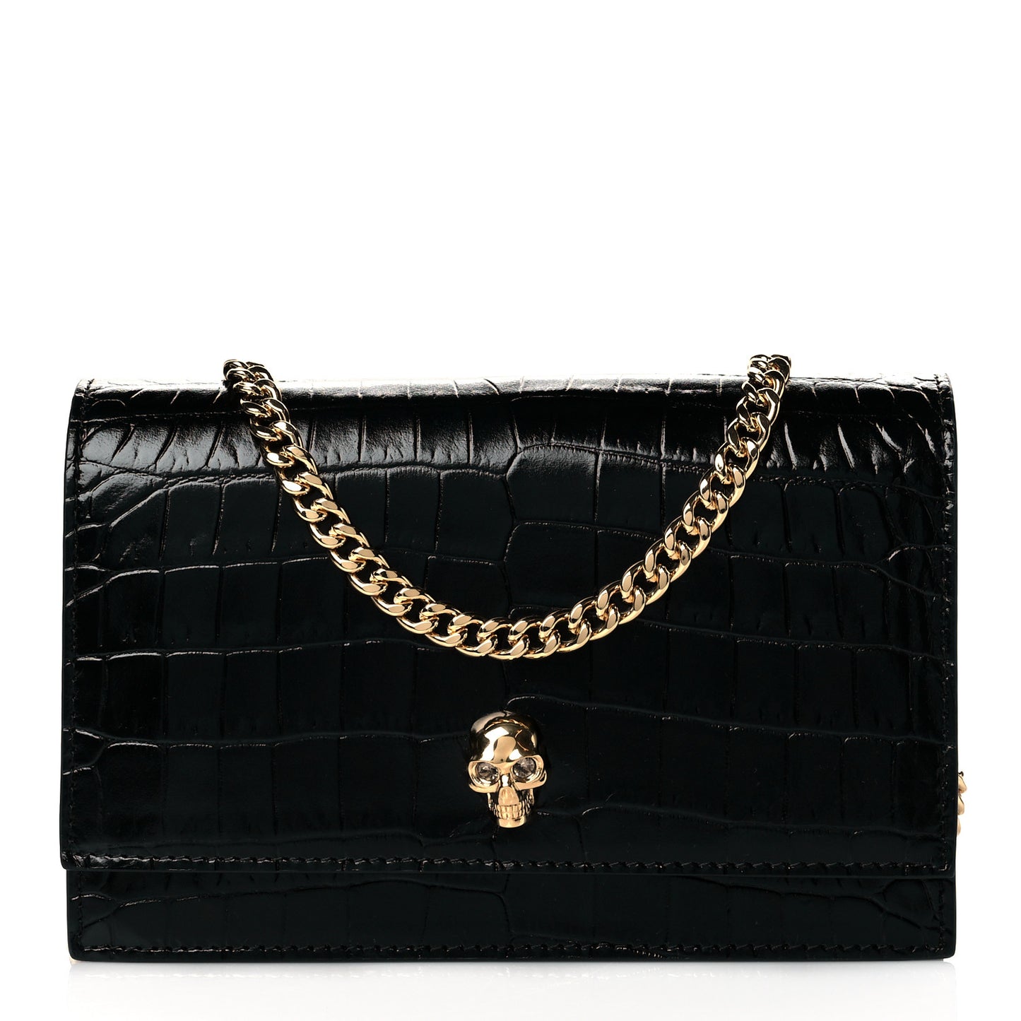 Calfskin Crocodile Embossed Skull Mini Crossbody Bag Black