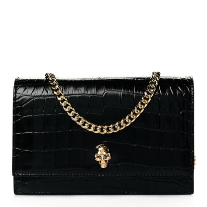 Alexander McQueen Calfskin Crocodile Embossed Skull Mini Crossbody Bag Black 1 of 10