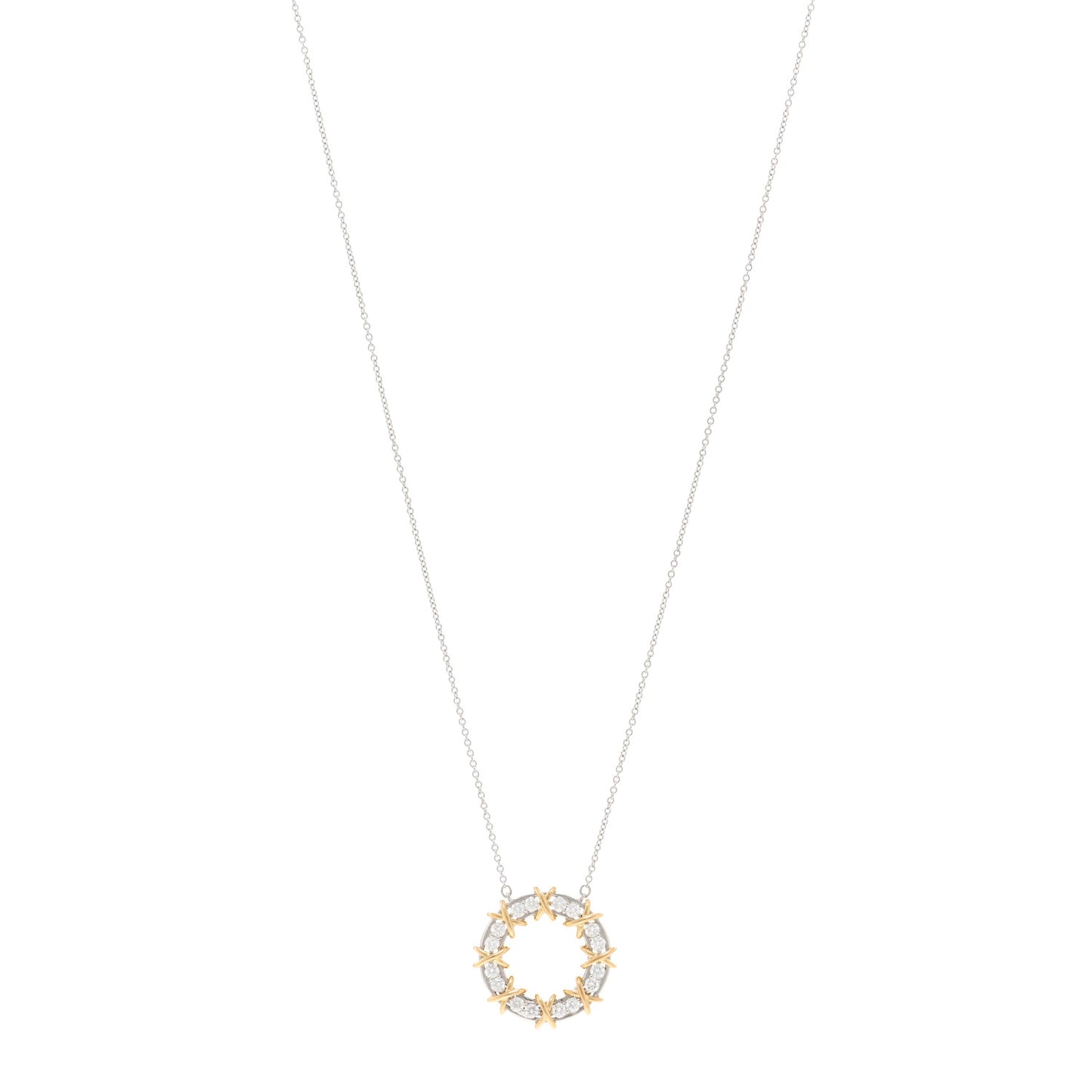 18K Yellow Gold Platinum Diamond Schlumberger Sixteen Stone Circle Pendant Necklace