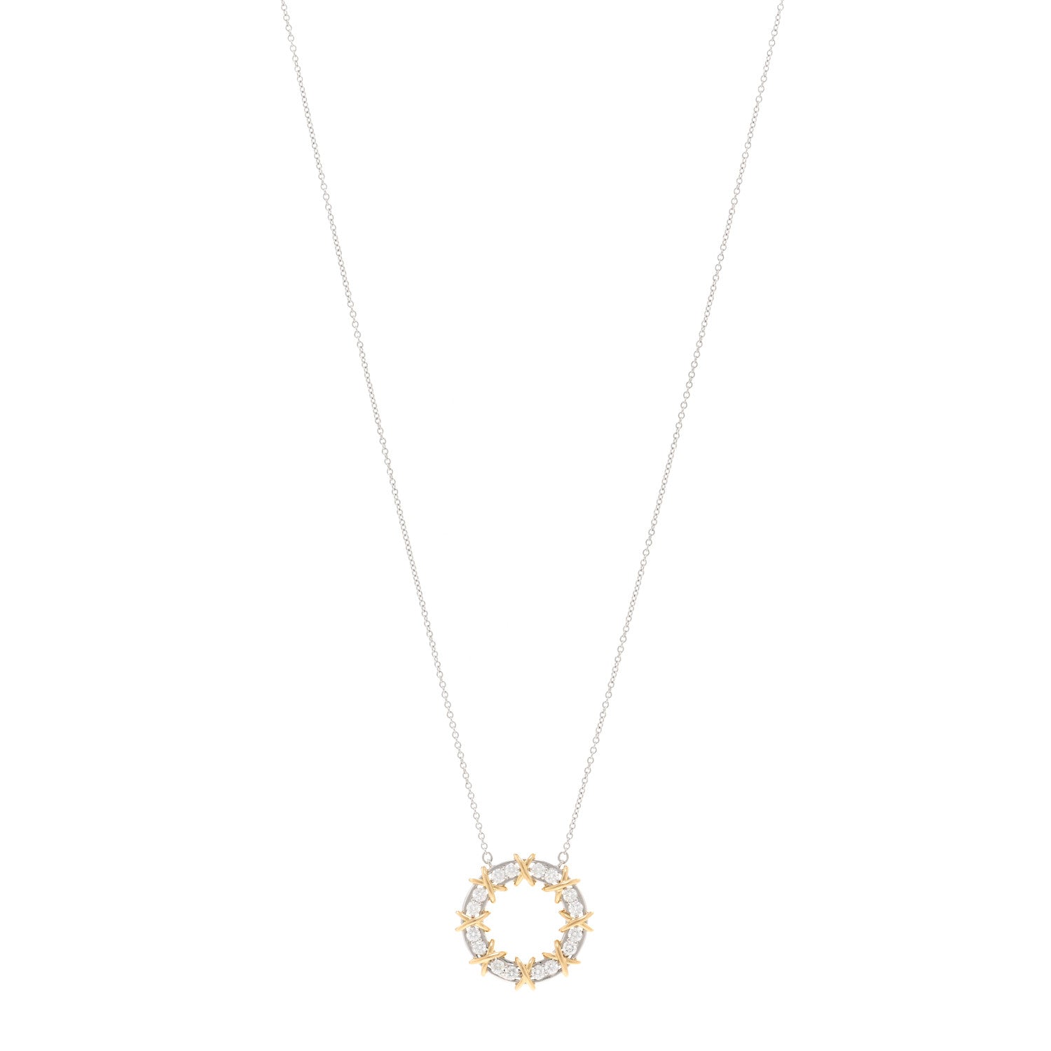 Tiffany 18K Yellow Gold Platinum Diamond Schlumberger Sixteen Stone Circle Pendant Necklace 1 of 5