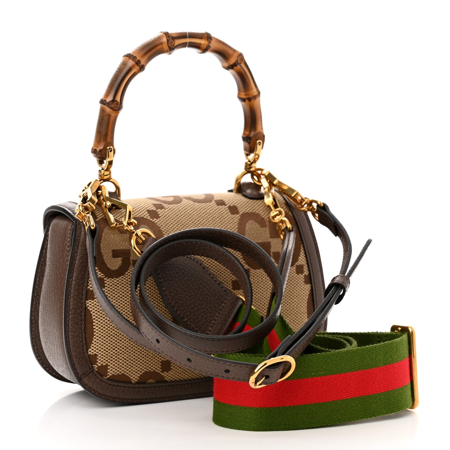 Monogram Jumbo GG Textured Dollar Calfskin Web Small Bamboo 1947 Top Handle Bag Camel Ebony New Acero