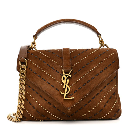 Saint Laurent Suede Matelasse Chevron Studded Monogram Medium College Bag Brown 1 of 10