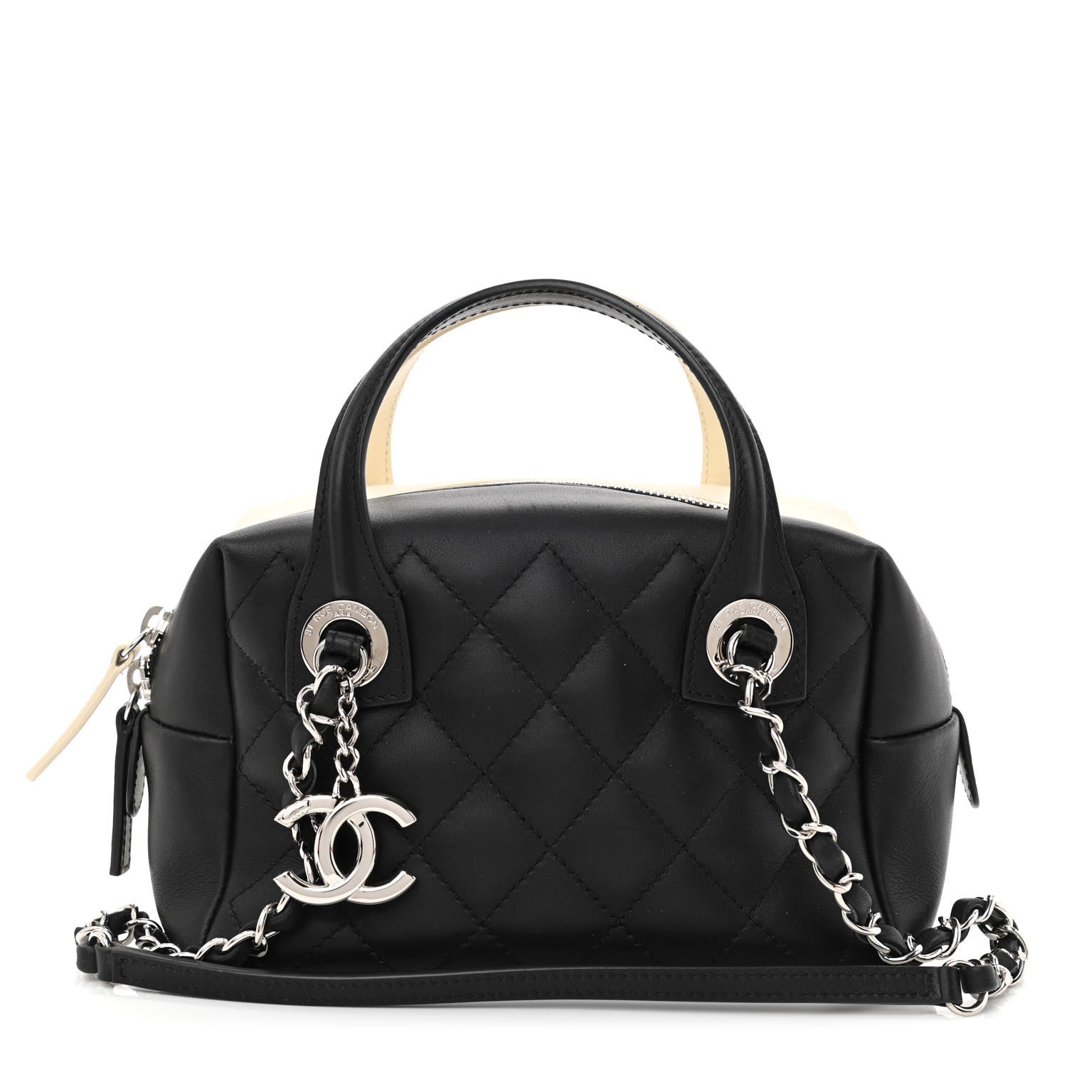 Chanel Calfskin Quilted Feather Weight Bowling Bag Black Ivory 1 of 10