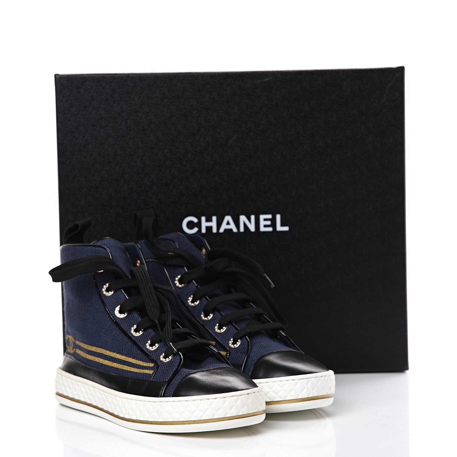 Chanel Fabric Lambskin Lace Up Cap Toe Sneakers 36.5 Navy Black 7 of 7