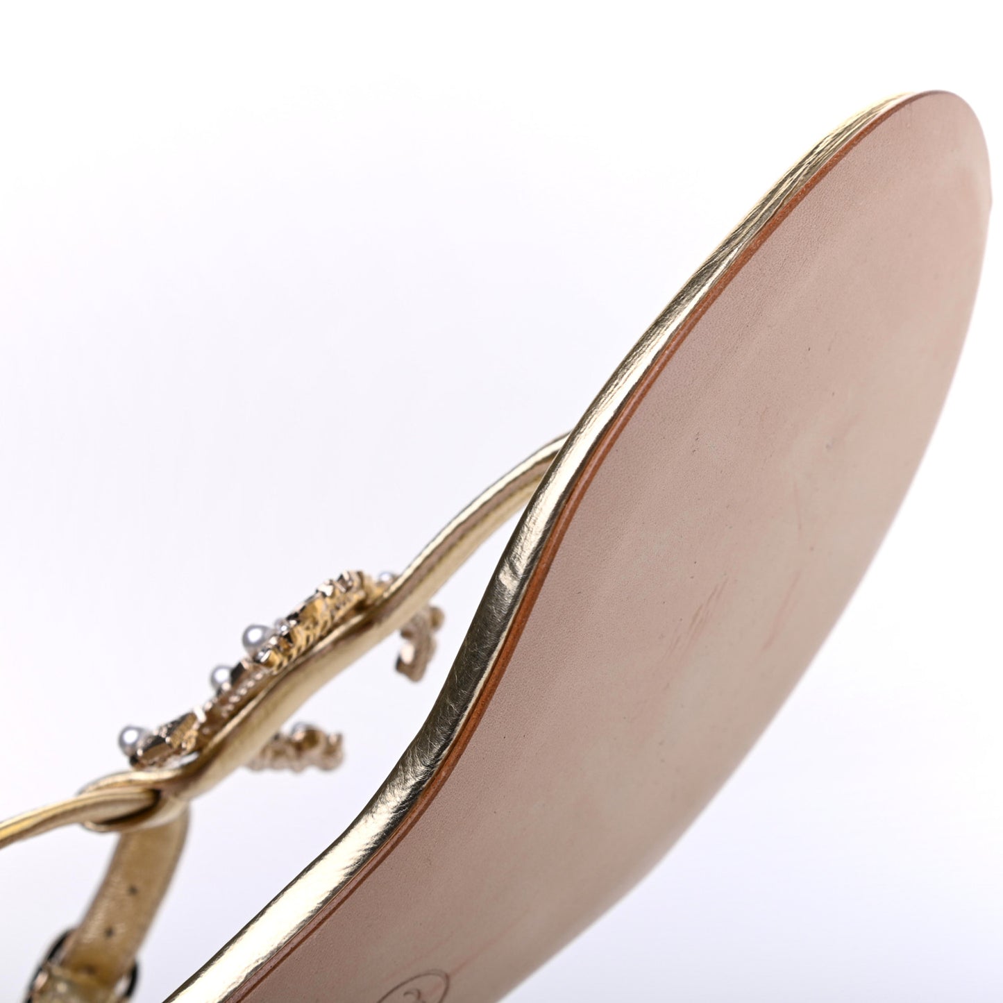 Aged Metallic Calfskin Pearl Crystal CC Charm Thong Sandals 35 Gold