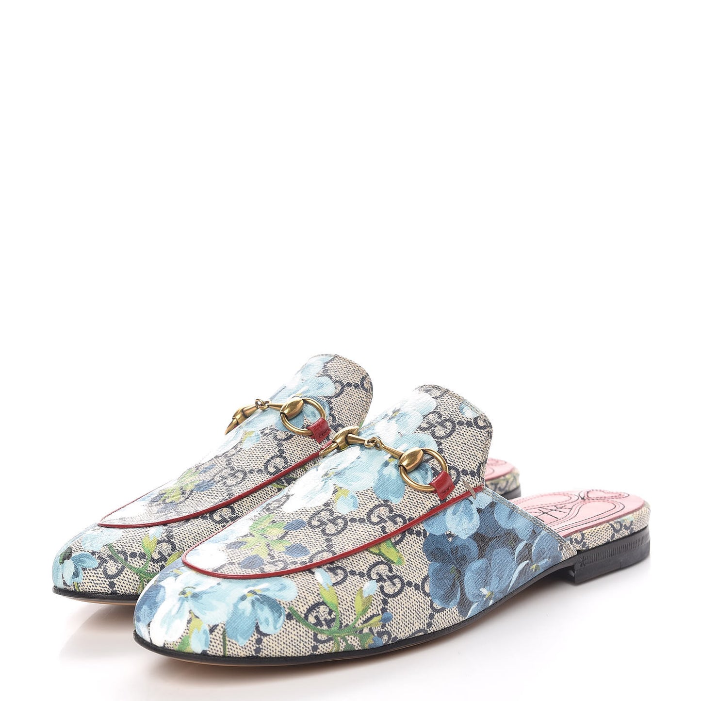 GG Supreme Monogram Blooms Womens Princetown Slippers 37 Beige Blue Navy Hibiscus Red