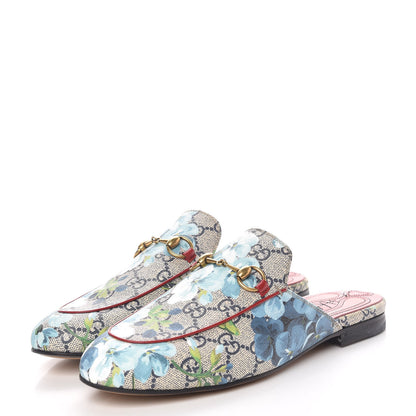 Gucci GG Supreme Monogram Blooms Womens Princetown Slippers 37 Beige Blue Navy Hibiscus Red 3 of 11