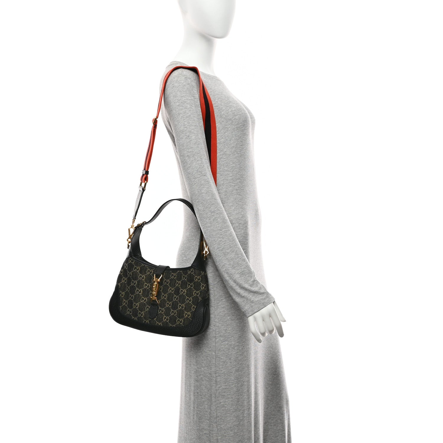Gucci Jacquard Denim GG Monogram Small Jackie 1961 Hobo Black Ivory 2 of 11