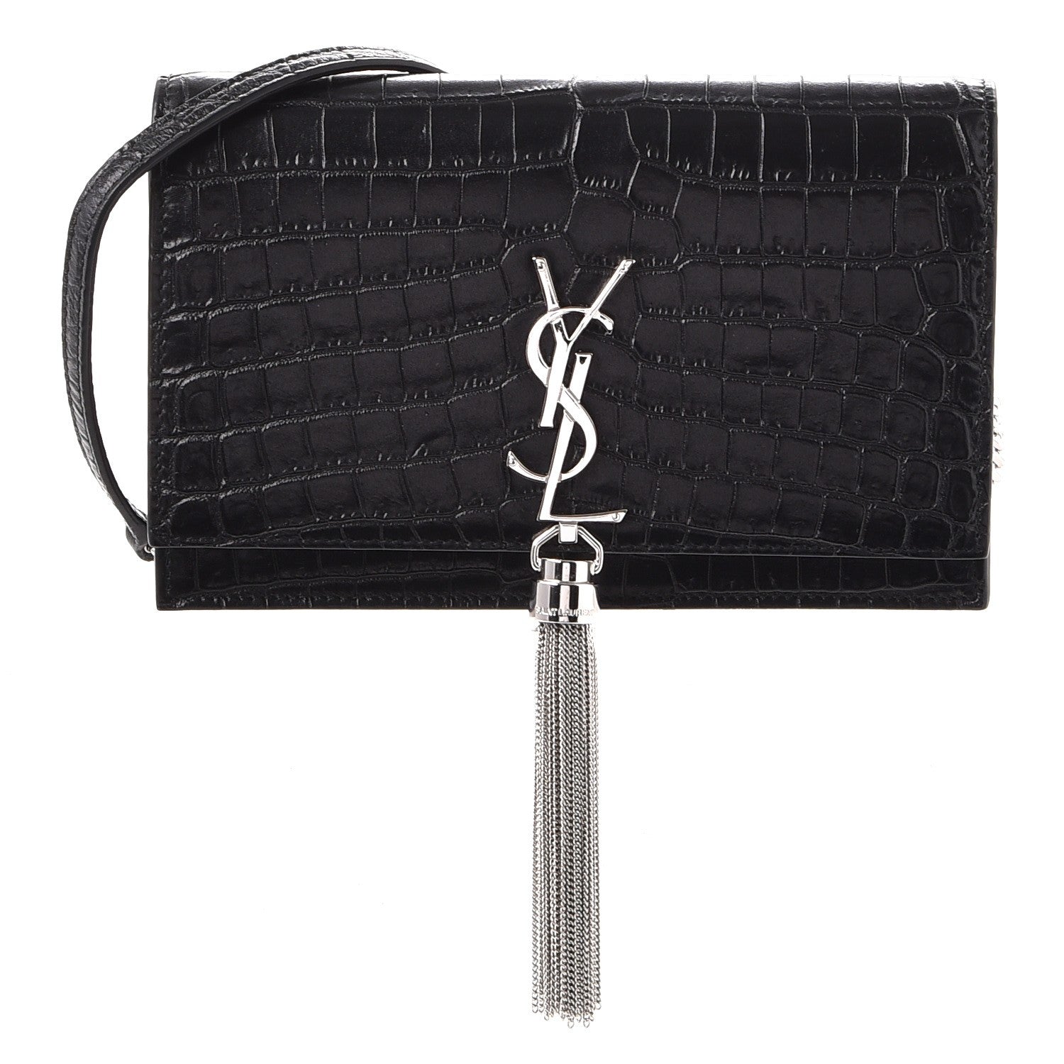 Saint Laurent Calfskin Crocodile Embossed Kate Monogram Tassel Chain Wallet Black 1 of 7