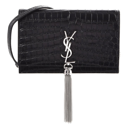Saint Laurent Calfskin Crocodile Embossed Kate Monogram Tassel Chain Wallet Black 1 of 7