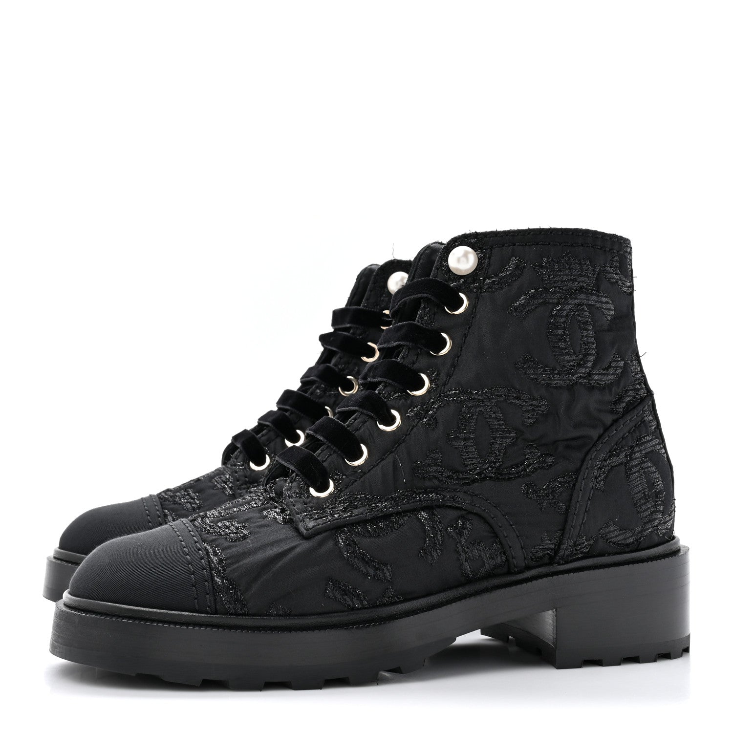 Chanel Grosgrain Tweed Pearl CC Combat Short Boots 37 Black 3 of 11