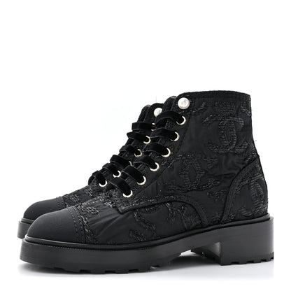 Chanel Grosgrain Tweed Pearl CC Combat Short Boots 37 Black 3 of 11