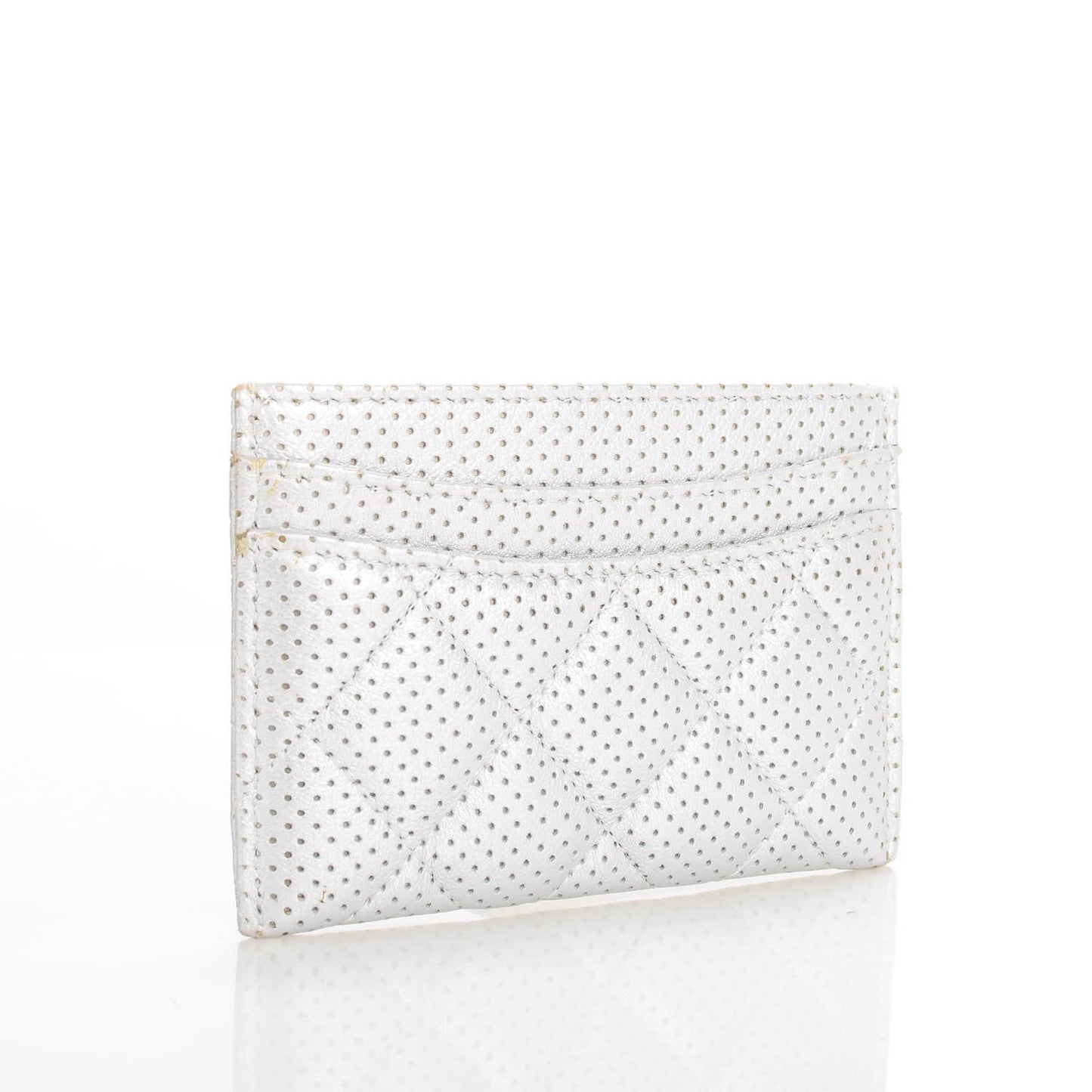 Perforated Lambskin Quilted Card Holder Light Silver