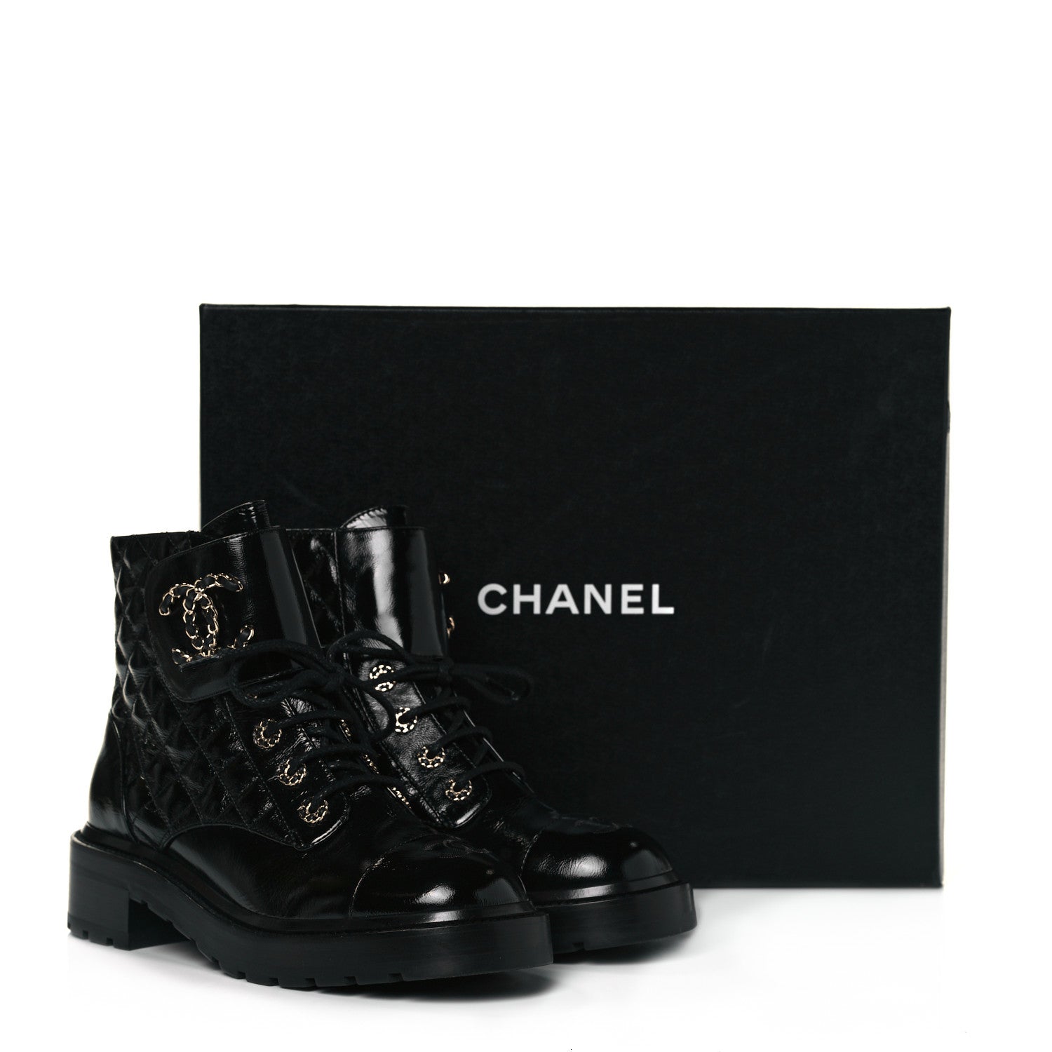 Chanel Shiny Calfskin Quilted Lace Up Combat Boots 39.5 Black 8 of 8