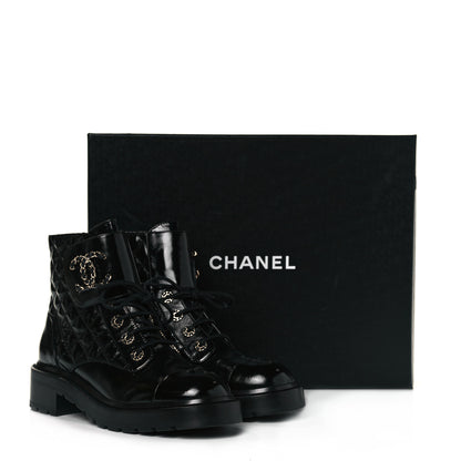 Chanel Shiny Calfskin Quilted Lace Up Combat Boots 39.5 Black 8 of 8