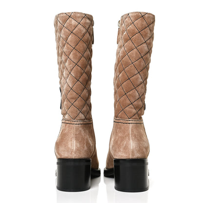 Chanel Suede Quilted CC High Boots 38 Dark Beige Black 6 of 11