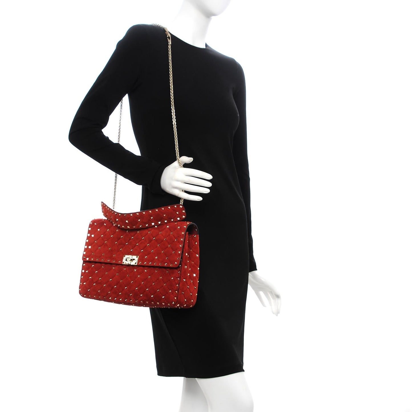 Suede Large Rockstud Spike Shoulder Bag Rubino