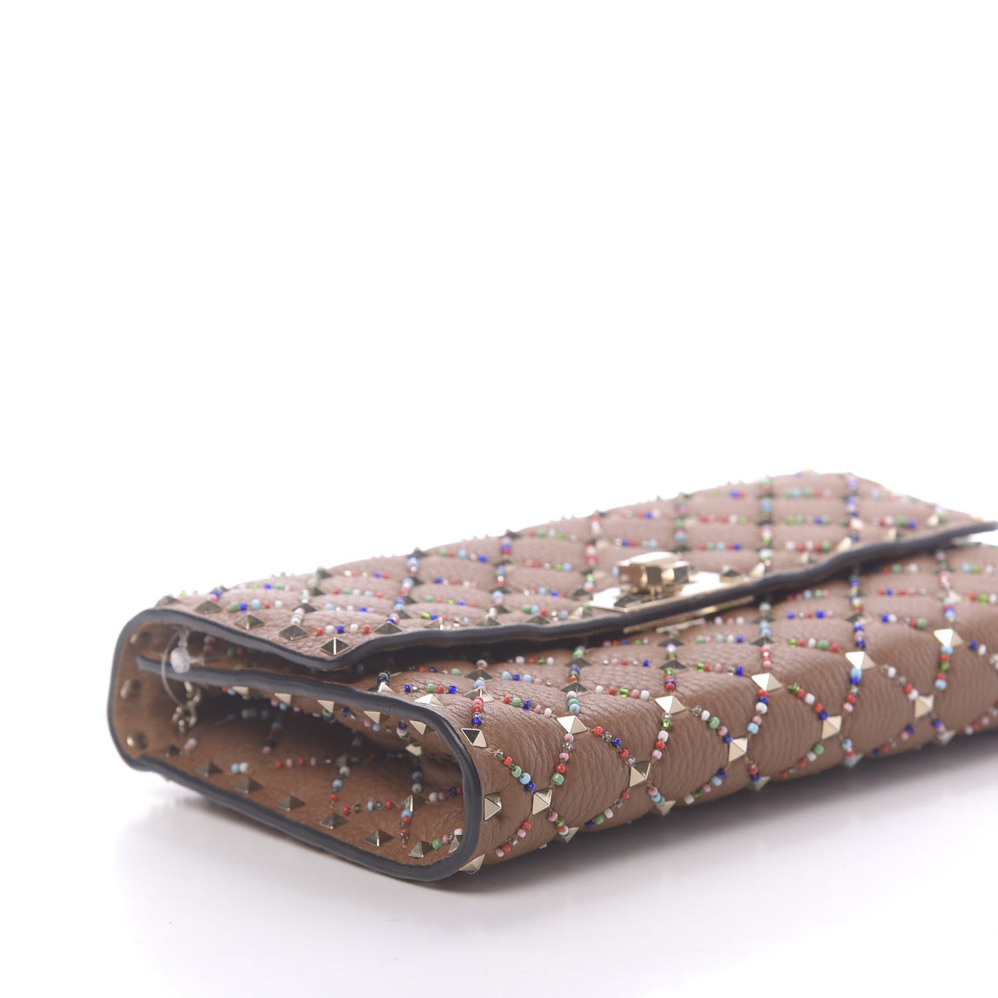 Grained Calfskin Beaded Rockstud Spike Wallet on Chain Light Cuir