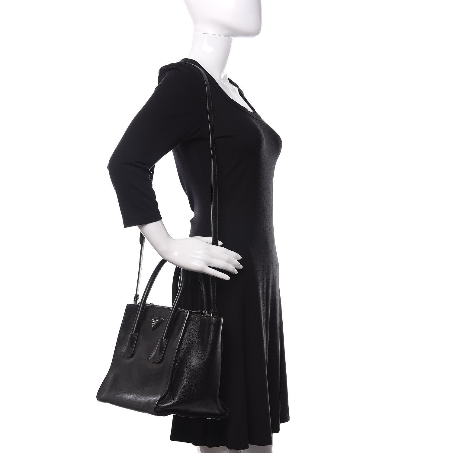 Prada Glace Calf Small Twin Pocket Tote Black 2 of 10