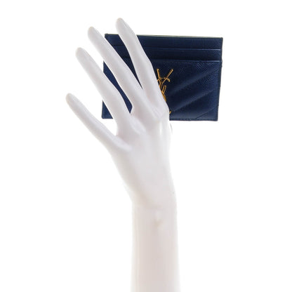 Saint Laurent Grain De Poudre Matelasse Chevron Monogram Credit Card Case Royal Blue 2 of 7