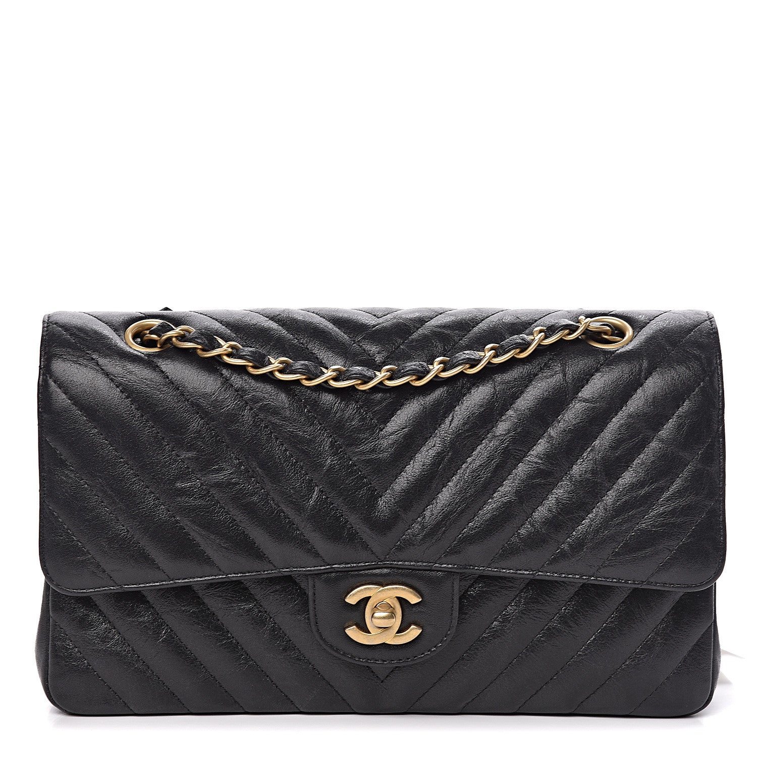 Chanel Crumpled Calfskin Chevron Quilted Medium Double Flap Black 1 of 10