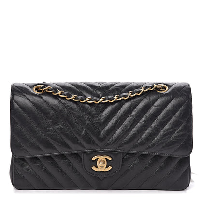 Chanel Crumpled Calfskin Chevron Quilted Medium Double Flap Black 1 of 10