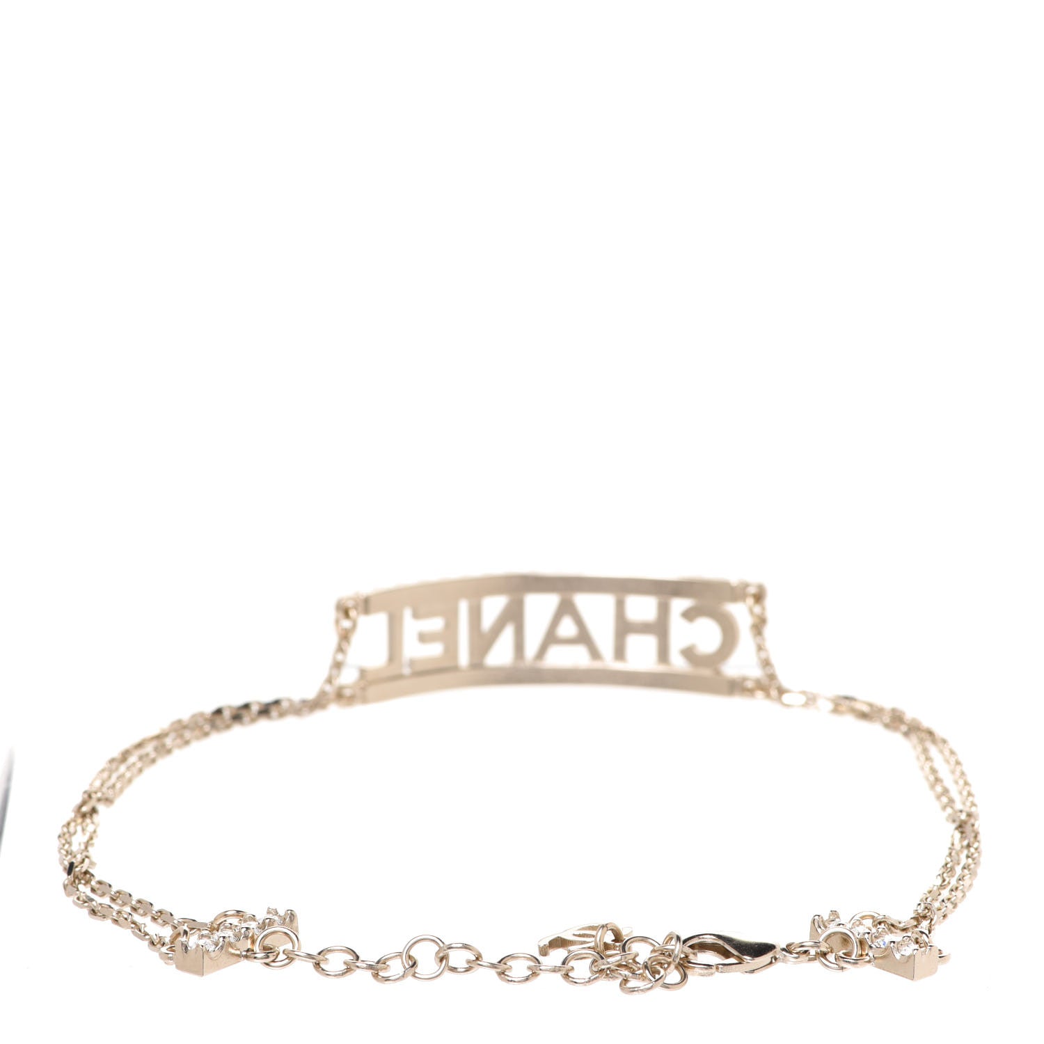 Chanel Metal Crystal Logo Choker Necklace Gold 3 of 5