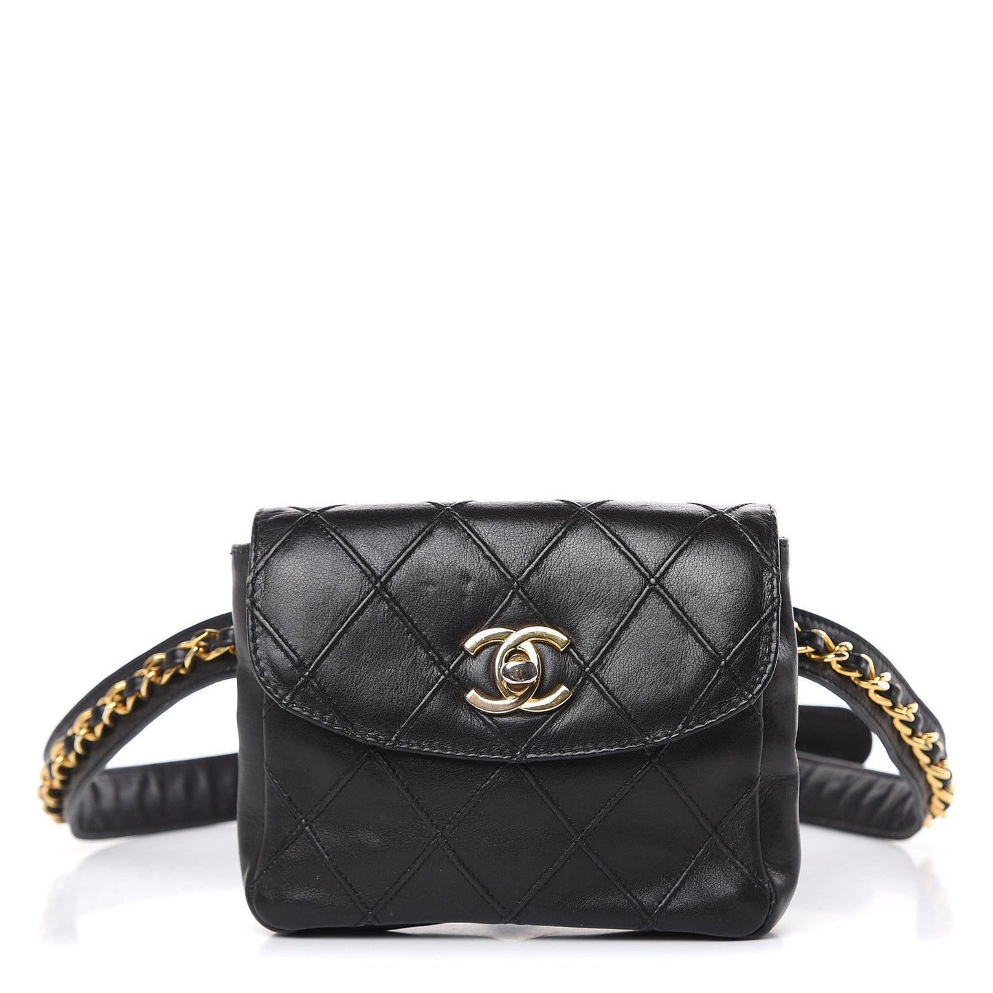 Lambskin Quilted Flap Waist Belt Bag Black